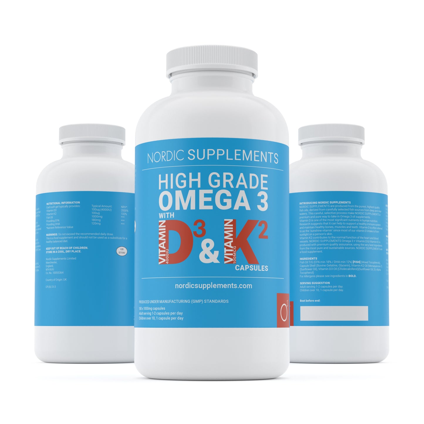Nordic Supplements Omega 3 Fish Oil 1000mg with Vitamin D 4000iu and K2 100ug - 180 Capsules