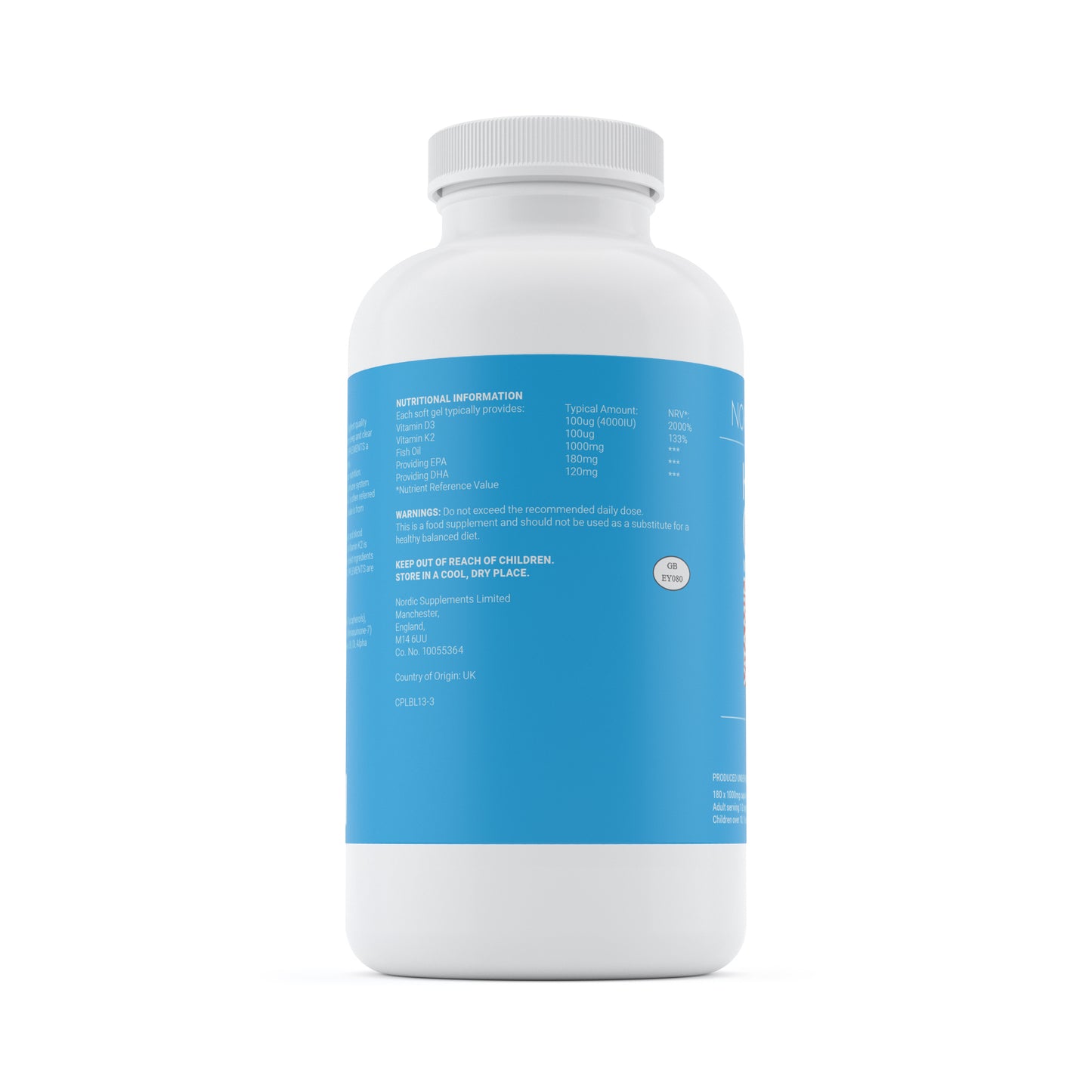 Nordic Supplements Omega 3 Fish Oil 1000mg with Vitamin D 4000iu and K2 100ug - 180 Capsules