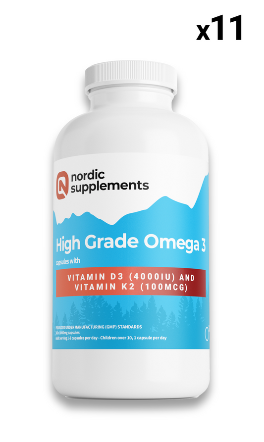 11 x Omega 3 with Vitamin D3 4000iu + K2 Capsules. 365x1000mg (WHOLESALE)