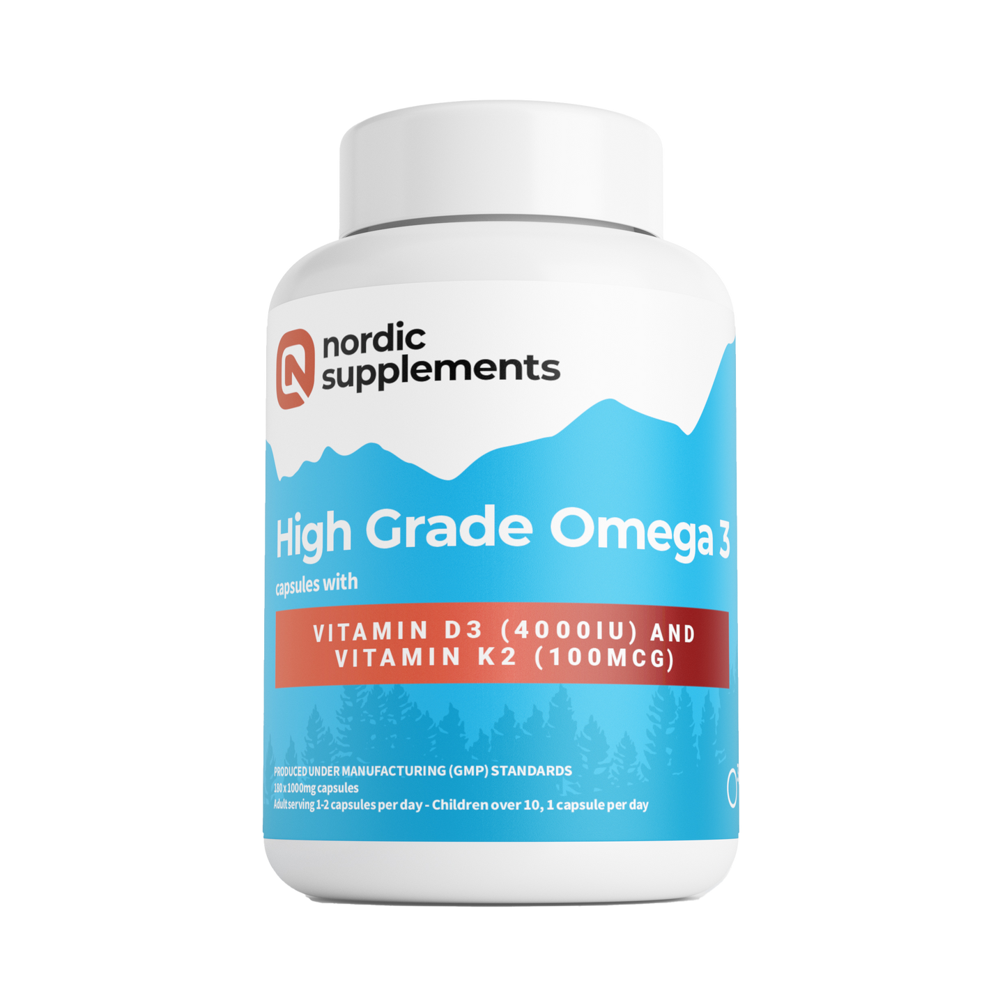 Nordic Supplements Omega 3 Fish Oil 1000mg with Vitamin D 4000iu and K2 100ug - 180 Capsules