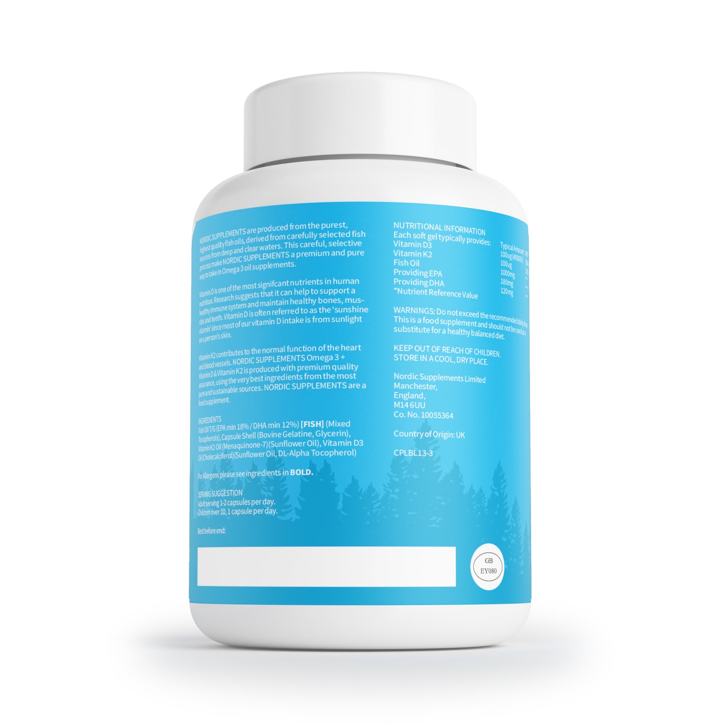 Nordic Supplements Omega 3 Fish Oil 1000mg with Vitamin D 4000iu and K2 100ug - 180 Capsules