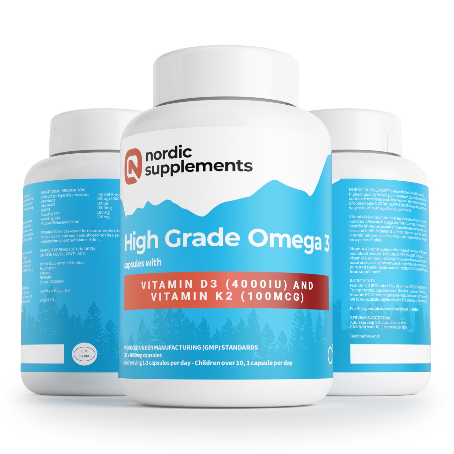 Nordic Supplements Omega 3 Fish Oil 1000mg with Vitamin D 4000iu and K2 100ug - 180 Capsules