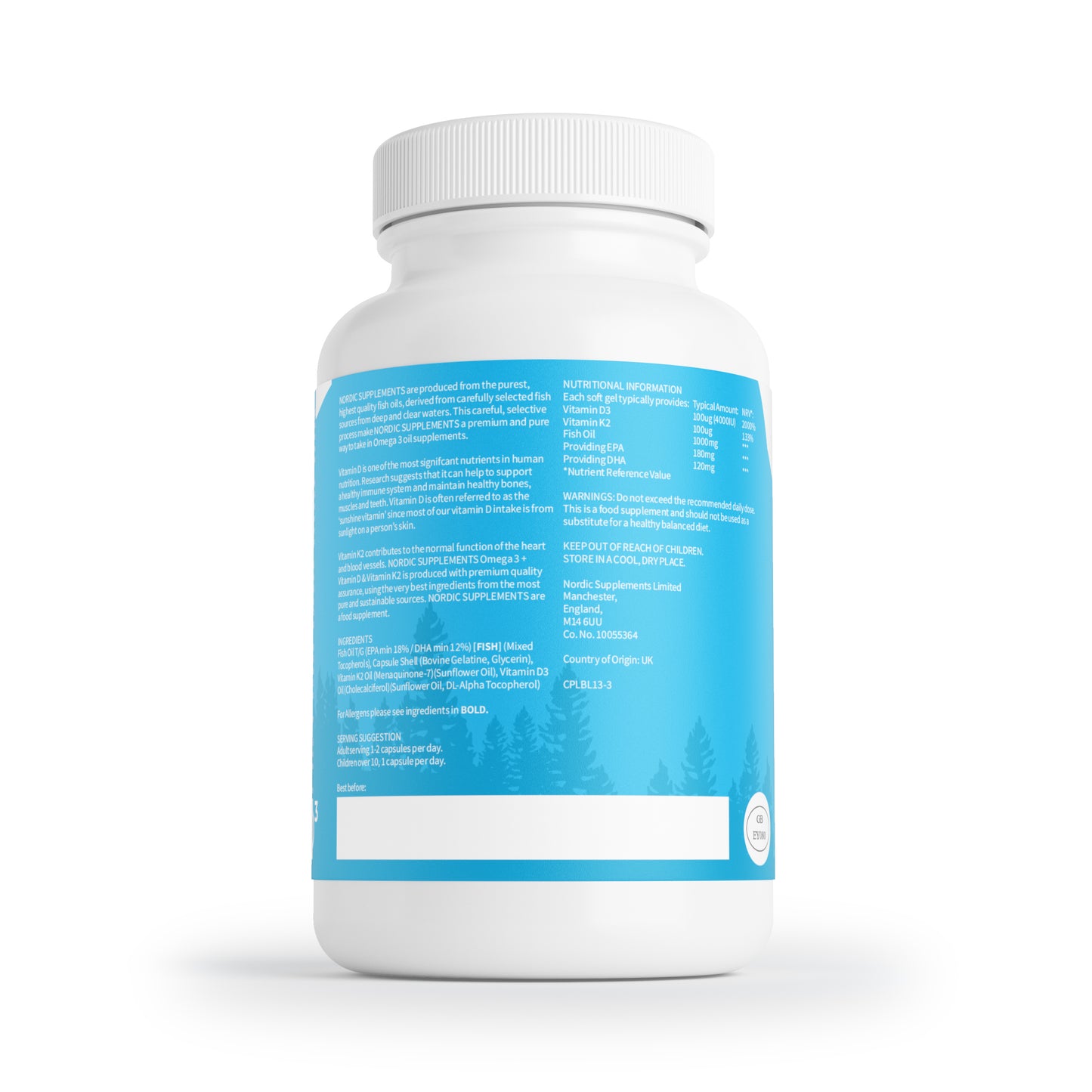 Nordic Supplements Omega 3 Fish Oil 1000mg with Vitamin D 4000iu and K2 100ug - 60 Capsules