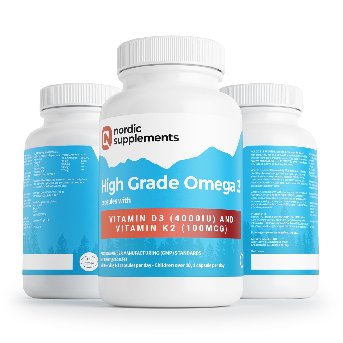 Nordic Supplements Omega 3 Fish Oil 1000mg with Vitamin D 4000iu and K2 100ug - 60 Capsules