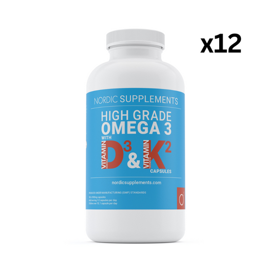 12 x Omega 3 with Vitamin D3 4000iu + K2 Capsules. 180x1000mg (WHOLESALE)