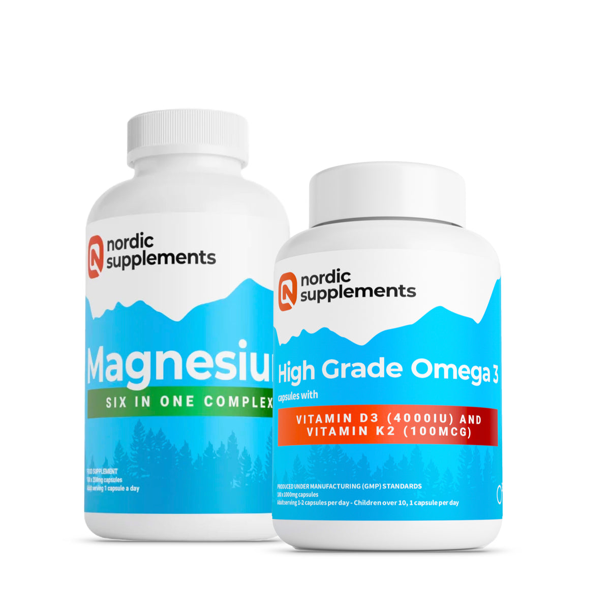 Nordic Supplements Omega 3 Fish Oil 1000mg with Vitamin D 4000iu and K2 100ug - 180 Capsules + Magnesium 6 in 1 Complex Tablets (Bundle Pack)